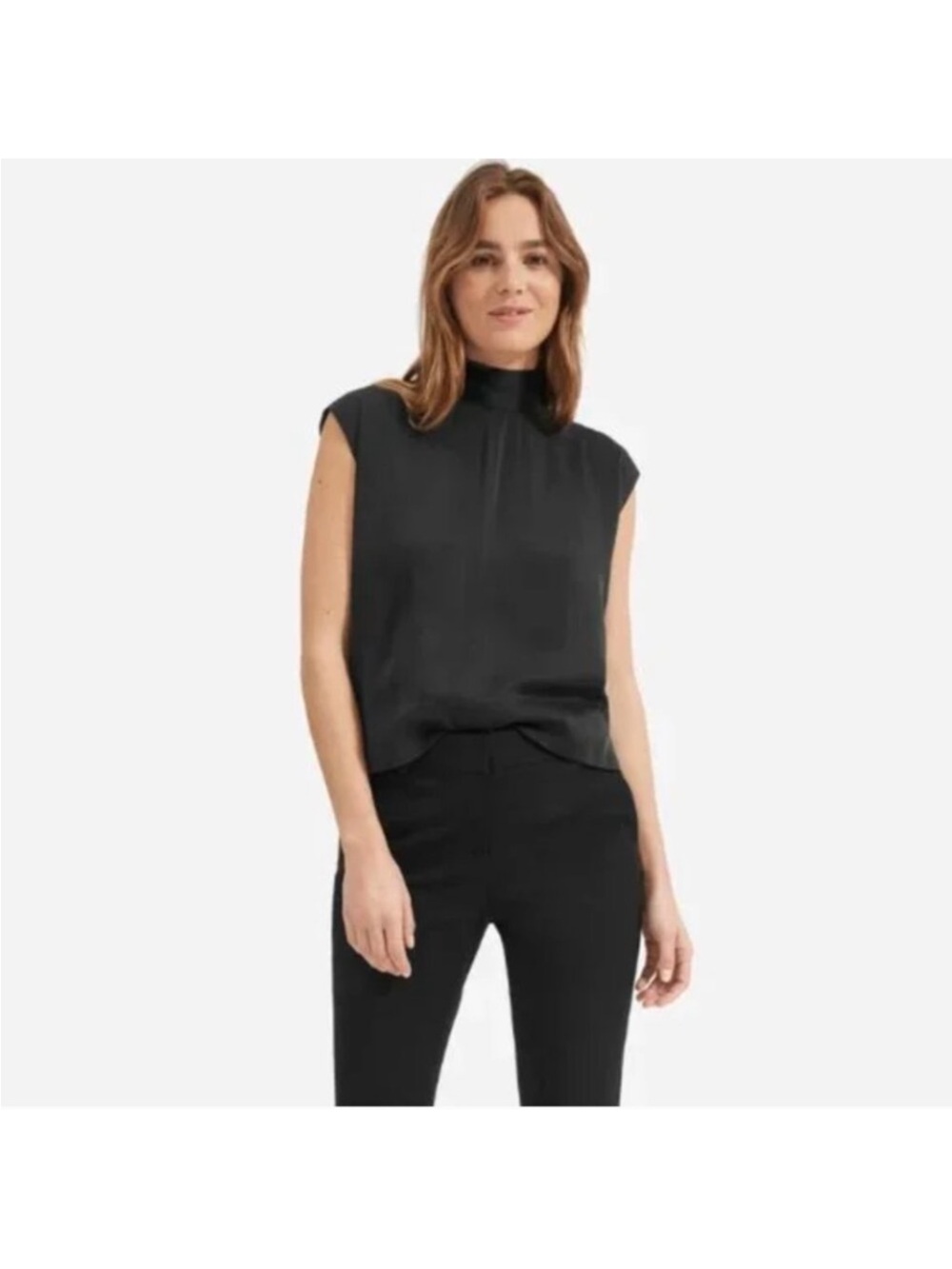 Everlane Black Mock Neck Cap-Sleeve Blouse